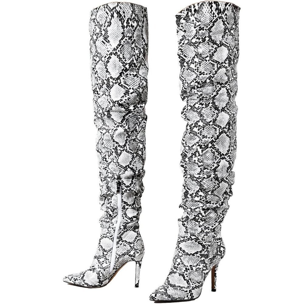 Women Snakeskin Thigh High Exquisite Pointed Toe Fine High Heels Pleated Boots